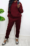Blue Women Autumn Winter Wool Hooded Fleece Solid Color Casual Sport Pants Sets MR2127-3