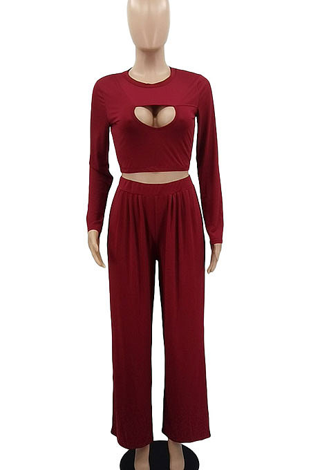 Wine Red Women Solid Color Long Sleeve Hollow Out Casual Pants Sets GB8036-3