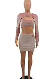 Pink Women Korea Velvet Sexy Fashion Hollow Out Dew Waist Skirts Sets QMX1014-1
