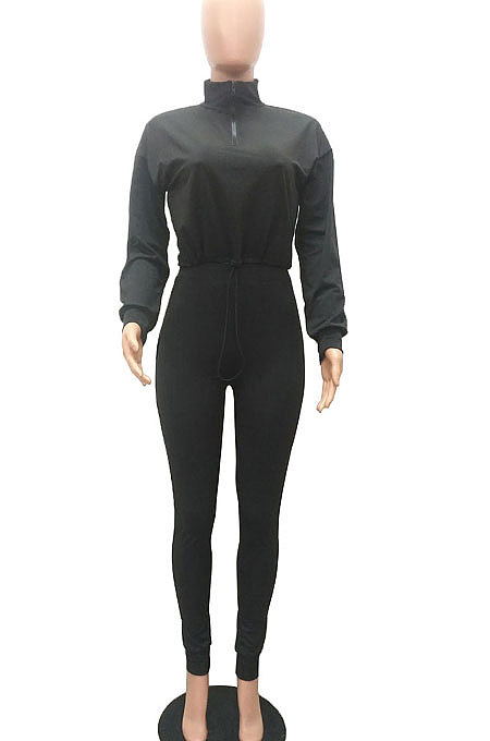 Black Women Long Sleeve Trendy Casual Pure Color High Elastic Pants Sets MR2128-1