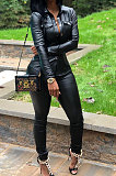 Coffee Women PU Leather Long Sleeve Pure Color Cardigan Pencil Pants Sets LD8226-3