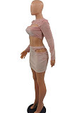 Pink Women Korea Velvet Sexy Fashion Hollow Out Dew Waist Skirts Sets QMX1014-1