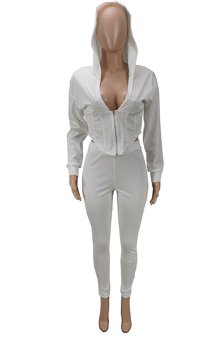 Sky Blue Women Pure Color Sexy Hooded Zipper Irregular Pants Sets KXL861-3