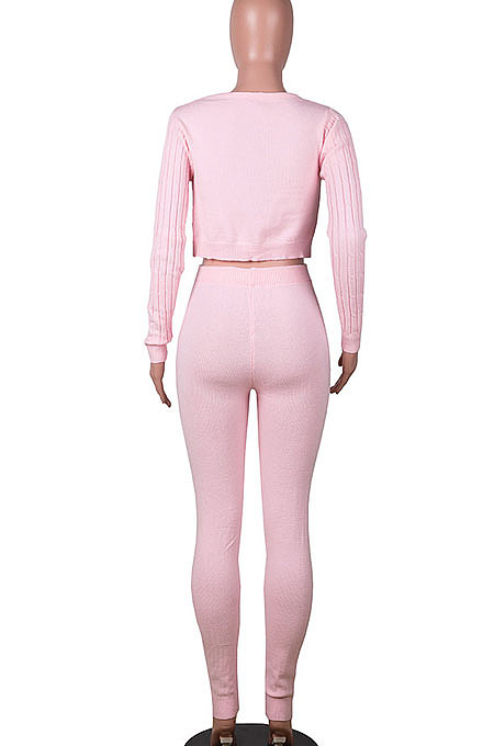 Gray Women Kink Tops Solid Color V Collar Sweater Pants Sets MA6610-3