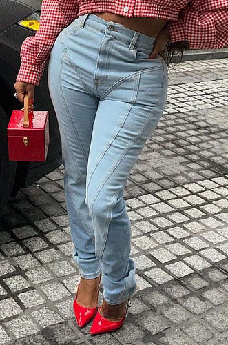 Blue Women Spliced Mid Waist Bodycon Long Pants LD81056
