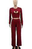 Black Women Solid Color Long Sleeve Hollow Out Casual Pants Sets GB8036-1