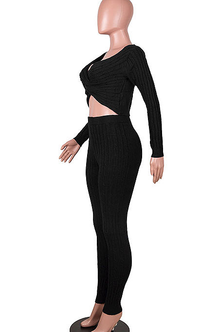 Red Women Kink Tops Solid Color V Collar Sweater Pants Sets MA6610-2