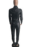 Black Women PU Leather Long Sleeve Pure Color Cardigan Pencil Pants Sets LD8226-1