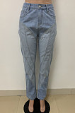 Blue Women Spliced Mid Waist Bodycon Long Pants LD81056