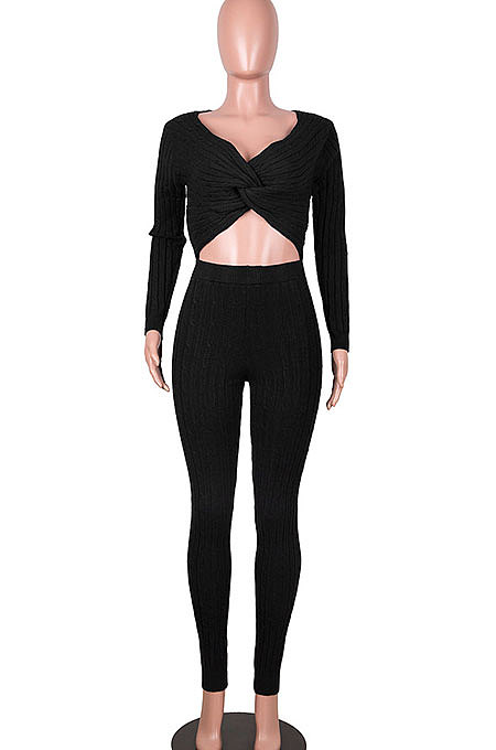 Red Women Kink Tops Solid Color V Collar Sweater Pants Sets MA6610-2