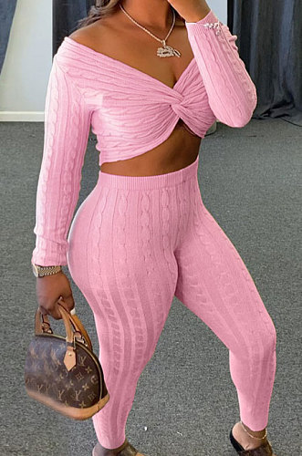 Pink Women Kink Tops Solid Color V Collar Sweater Pants Sets MA6610-5