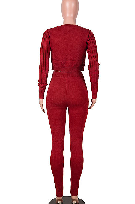 Red Women Kink Tops Solid Color V Collar Sweater Pants Sets MA6610-2