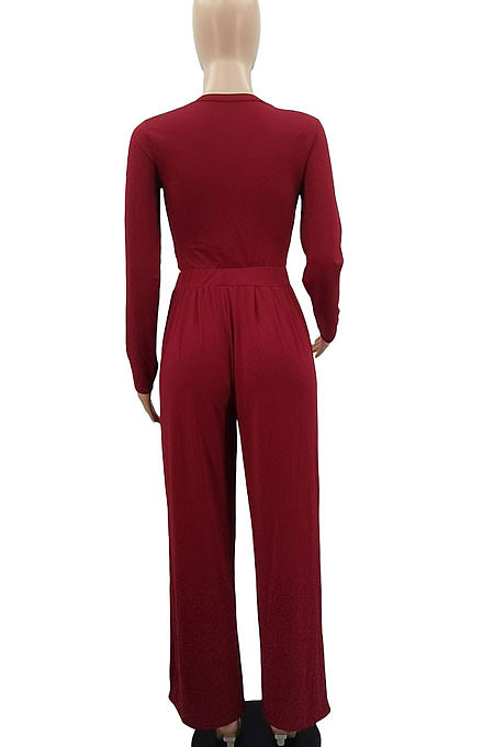 Wine Red Women Solid Color Long Sleeve Hollow Out Casual Pants Sets GB8036-3