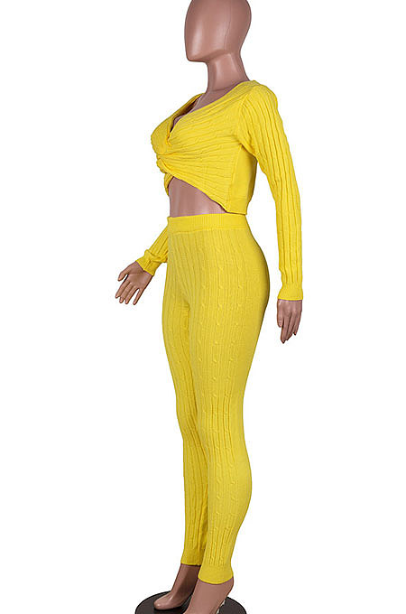 Apricot Women Kink Tops Solid Color V Collar Sweater Pants Sets MA6610-6
