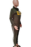 Army Green Women Pullover Fleece Half Turtle Neck Irregular Pants Sets LD8483-4