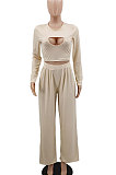 Apricot Women Solid Color Long Sleeve Hollow Out Casual Pants Sets GB8036-2