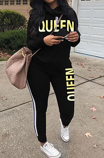 Black Women Pullover Fleece Half Turtle Neck Irregular Pants Sets LD8483-2