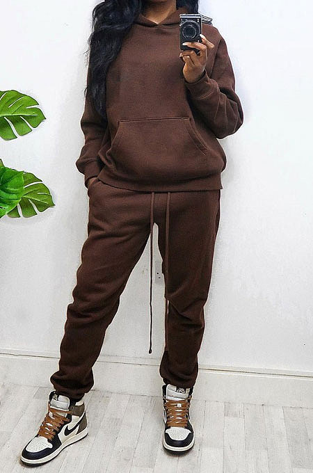 Black Women Autumn Winter Wool Hooded Fleece Solid Color Casual Sport Pants Sets MR2127-1