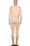 Pink Women Kink Tops Solid Color V Collar Sweater Pants Sets MA6610-5