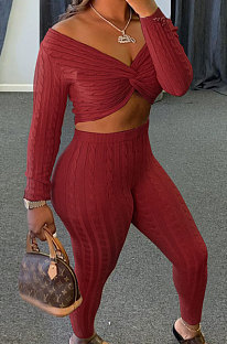 Red Women Kink Tops Solid Color V Collar Sweater Pants Sets MA6610-2