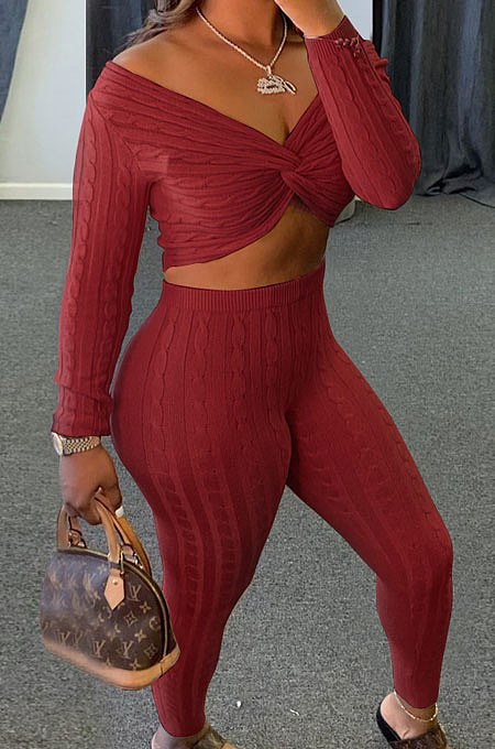 Red Women Kink Tops Solid Color V Collar Sweater Pants Sets MA6610-2
