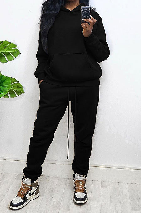 Black Women Autumn Winter Wool Hooded Fleece Solid Color Casual Sport Pants Sets MR2127-1