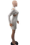 Black Women Long Sleeve Sexy Solid Color Single Strap Dew Waist Hollow Out Mini Dress QMX1018-2