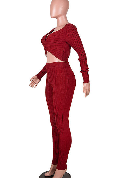 Gray Women Kink Tops Solid Color V Collar Sweater Pants Sets MA6610-3