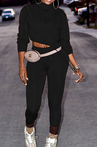Black Women Long Sleeve Trendy Casual Pure Color High Elastic Pants Sets MR2128-1