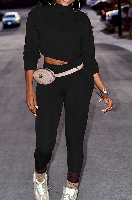 Black Women Long Sleeve Trendy Casual Pure Color High Elastic Pants Sets MR2128-1