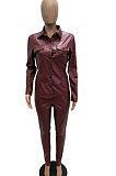 Royal Blue Women PU Leather Long Sleeve Pure Color Cardigan Pencil Pants Sets LD8226-4