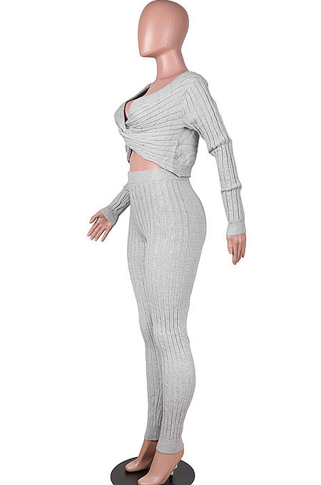 Red Women Kink Tops Solid Color V Collar Sweater Pants Sets MA6610-2