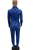 Coffee Women PU Leather Long Sleeve Pure Color Cardigan Pencil Pants Sets LD8226-3