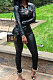 Black Women PU Leather Long Sleeve Pure Color Cardigan Pencil Pants Sets LD8226-1