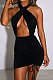 Black Euramerican Women Sexy Solid Color Halter Neck Hollow Out Sleeveless Backless Drawsting Ruffle High Waist Mini Dress FWB20921-4