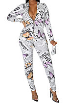 White Euramerican Women Autumn Winter Sexy Butterfly Printing Round Collar Zipper Bodycon Jumpsuits PY0837