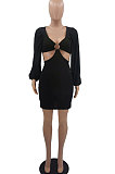 Black Sexy Fashion Dew Waist Strapless V Collar Solid Color Mini Dress QMX1020 -1