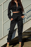 Pink Casual Quality Long Sleeve Zip Front Coat High Waist Ankle Banded Pants Solid Color Sport Sets HHM6529-2