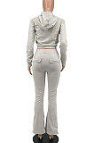Gray Euramerican Women Autumn Winter Drawsting Hooded Pockets Velvet Zipper Pants Sets MLM9079-1