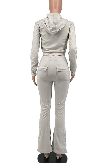 Gray Euramerican Women Autumn Winter Drawsting Hooded Pockets Velvet Zipper Pants Sets MLM9079-1