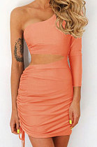 Orange Pink New Sexy Women Pure Color One Sleeve Hollow Out Bandage Hip Dress LZY8703-2