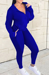 Blue Euramerican Women Zipper Hooded Fashion Sport Pure Color Long Sleeve Pants Sets XT8888-4