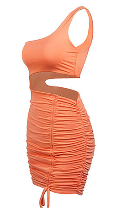 Brown Wholesale Sexy Single Shoulder Hollow Out Bandage Ruffle Solid Color Hip Dress LZY9508-5