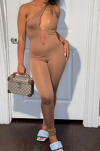Khaki Women Fashion Sexy Hip Raise One Shoulder High Waist Bodycon Jumpsuits QNFS01296-2