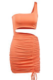 Red Wholesale Sexy Single Shoulder Hollow Out Bandage Ruffle Solid Color Hip Dress LZY9508-2