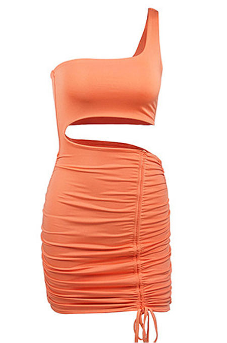Brown Wholesale Sexy Single Shoulder Hollow Out Bandage Ruffle Solid Color Hip Dress LZY9508-5