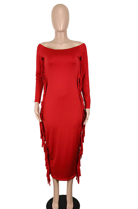Dark Green Women Autumn Fashion Tassel Long Sleeve Bodycon Pure Color Long Dress SH7288-3