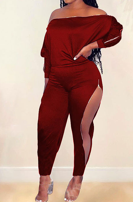 Wine Red Simple New Pure Color Zipper A Wrod Shoulder Long Sleeve Loose Tops Ankle Banded Pants Sets CYY00035-3