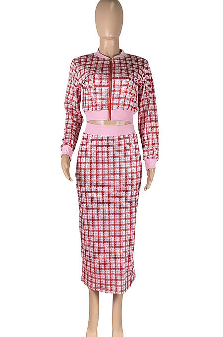 Pink Women Digital Printing Ribber Long Sleeve Zipper Hip Skirts Sets YLY2666-1
