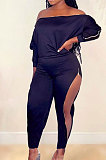 Rose Red Simple New Pure Color Zipper A Wrod Shoulder Long Sleeve Loose Tops Ankle Banded Pants Sets CYY00035-2